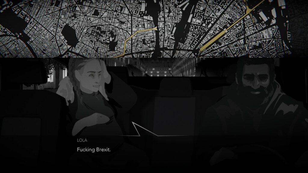 A screenshot of the game Night Call with character Lola saying to her taxi driver "Fucking Brexit"
