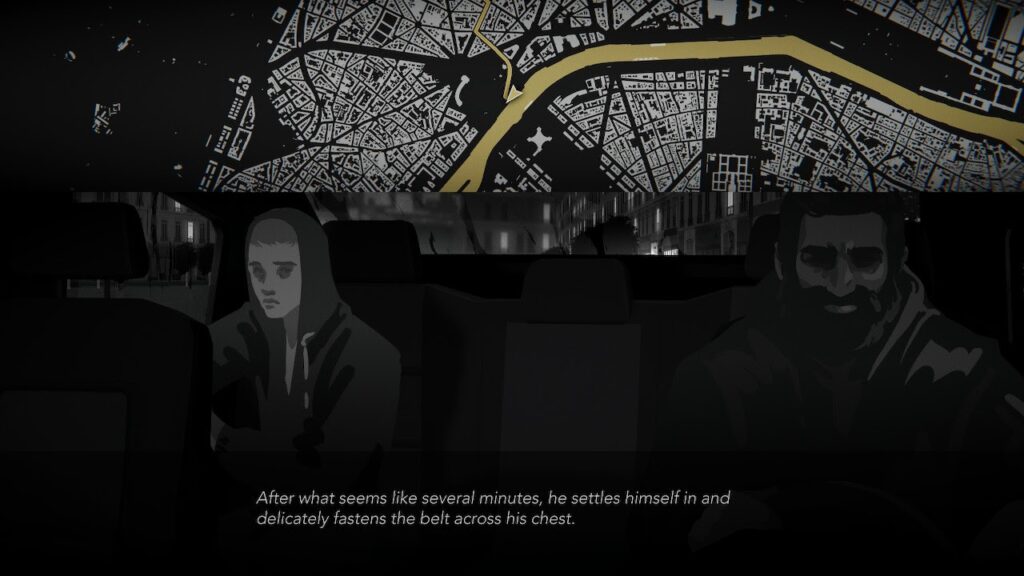 A screenshot of the game Night Call with character Melchior in a taxi, with the comment line "After what seems like several minutes, he settles himself in and delicately fastens the belt across his chest."